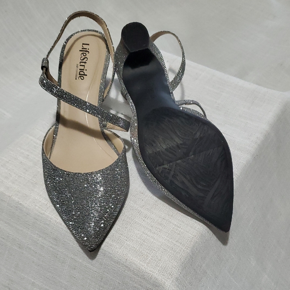 Life Stride Silver Glitter Pointed Sling Heels - Picture 2 of 4